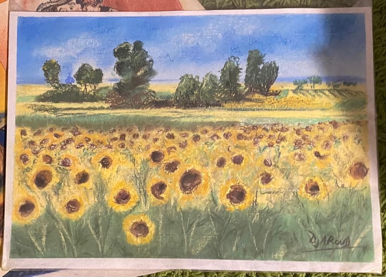Paysage peint : champ de tournesols, arbres et ciel bleu